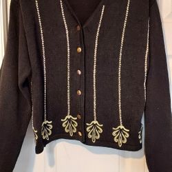 Lise J Womens Black Cardigan Sweater Gold Braid Embroidery Button Vintage Medium