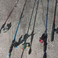 5 Fishing Poles And 2 Brand New Fishing Rod Holders 260-H 