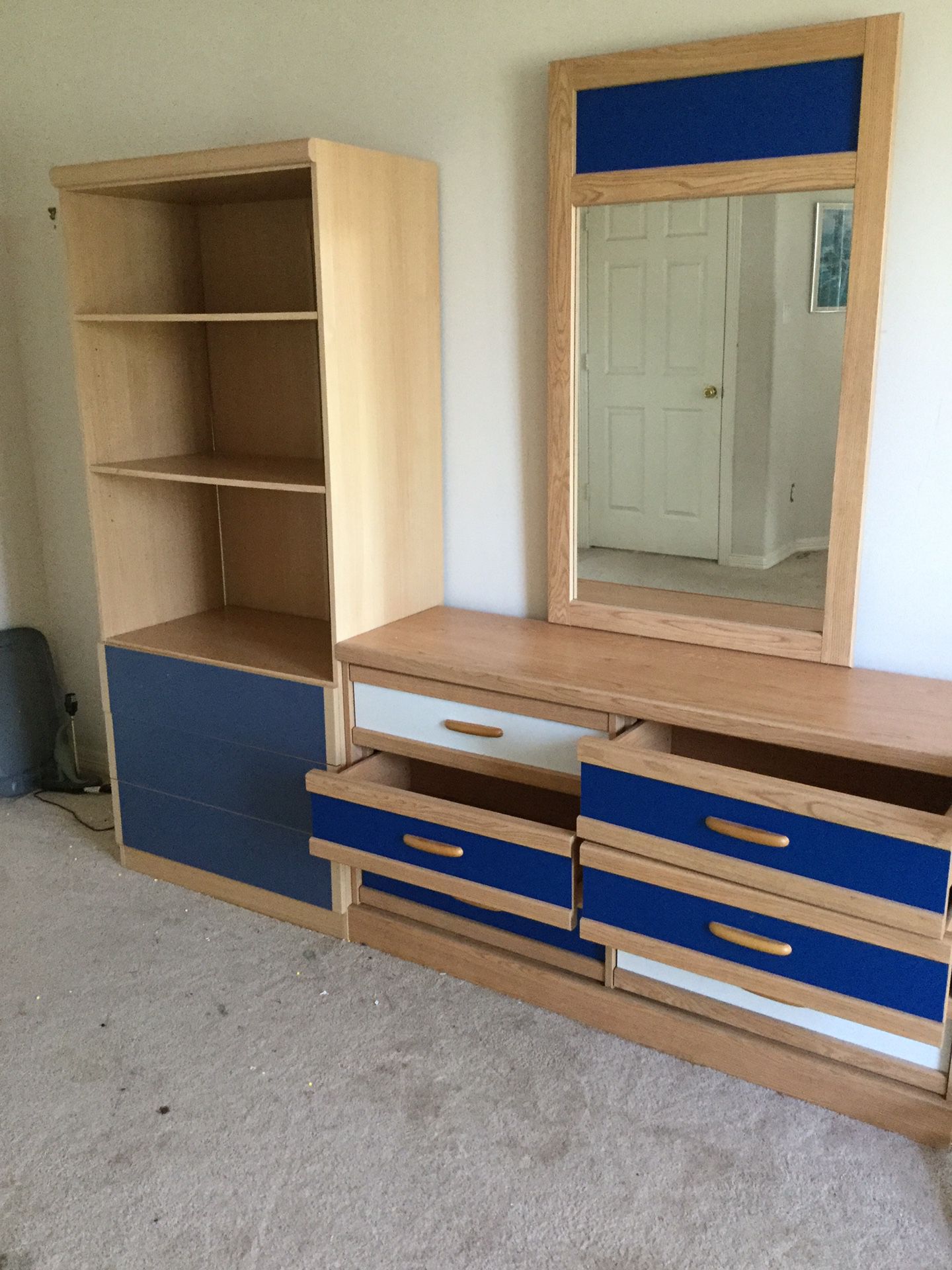 Child’s chest with mirror ( interchangeable drawer fronts blue, white, red, black)and drawer with shelves unit