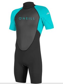 NEW ! O'Neill Wetsuits Youth Reactor-2 2mm Back Zip Short Sleeve Spring Wetsuit, Black/Aqua, 12