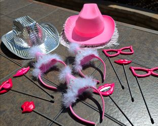 Bachelorette & Party Photo Booth Props Set - Pink & Silver Cowboy Hats, Headbands & Sticks