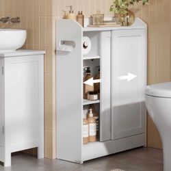 Storage Cabinet, Slim Floor Cabinet with Sliding Doors, Toilet Paper Holder and Brush Compartment, for Bathroom and Living Room, 7.9 x 23.
