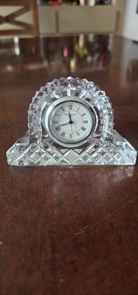 Beautiful lead crystal small mantel style quartz clock. Hand-cut glass by Waterford Crystal