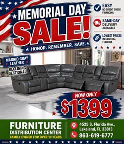 Memorial Day sale. Madrid gray leather reclining sectional only $1399. Easy finance option. Same-day delivery.