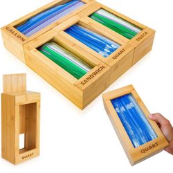 New mHomeAid Bag Storage Organizer - Bamboo Food Plastic Baggie Holder, Dispenser, and Container for Kitchen Drawer - Fits Ziplock and Ziploc Gallon, 
