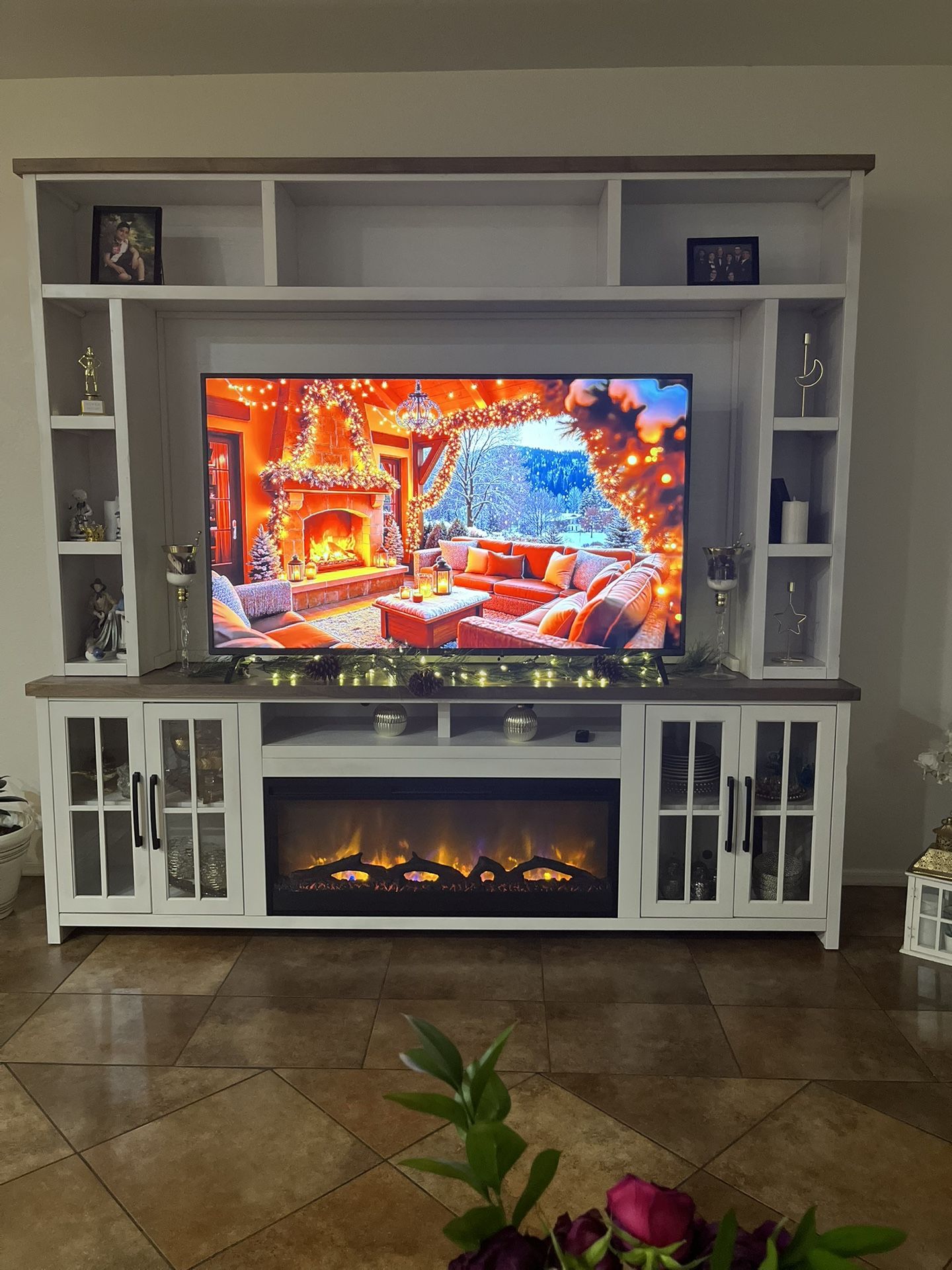T V Holder With Fire Place Like New