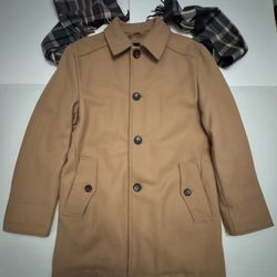 Pre Owned Excellent  London Fog  Top Coat Overcoat Wool  Satin Diamond Quilted Interior Plaid Scarf Acrylic  Tan Light Brown  Men  Size Medium