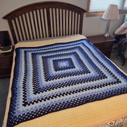 Hand Made Multicolored Blue Crochet Afghan Blanket 60" x 57"