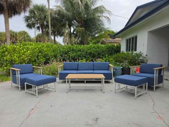 Blue 6-Piece Outdoor Lounge Set w/ Ottomans & 10" Cushions - New & Fully Assembled