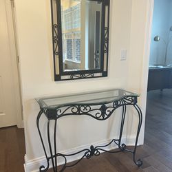 Wrought Iron Entry Table w/ Glass Top And Mirror