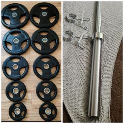 Brand New 290lbs Olympic Tri Grip Rubber Coated Weight Plates And Barbell Set FIRM PRICE