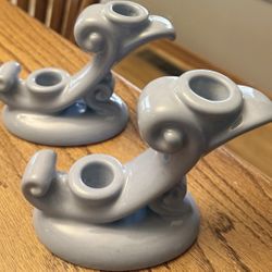 Vintage Abingdon USA Pottery Light Blue Double Scroll Art Deco Pair Of  Candlesticks 