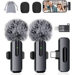 Wireless Mini Microphone for iPhone - 2 Pack Lavalier Bluetooth Microphone for Video Recording, 2 in 1 Noise Reduction Lapel Mic for Ipad, Android,Cli