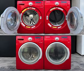 Great condition Samsung Red Front-Load Washer and Gas Dryer stackable Set