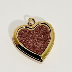 Pink Glitter Heart Locket Pendant Charm Gold Tone