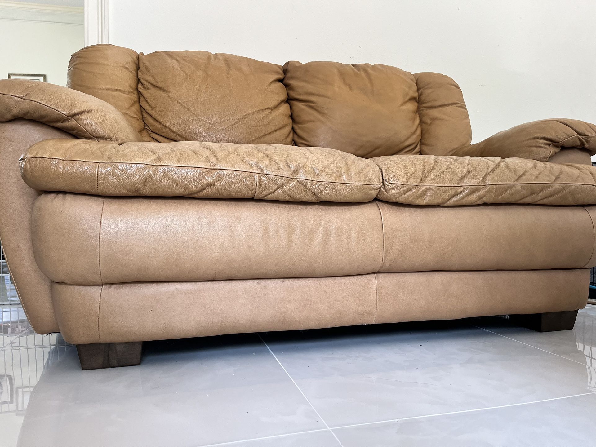 Pull Out Bed Leather Couch, Small Leather Couch and Wood Table 