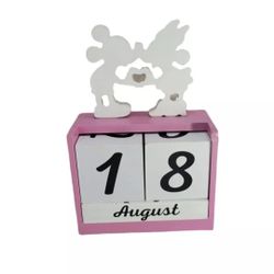 Disney Mickey & Minnie Mouse Wooden Perpetual Block Calendar Pink & White 8" H