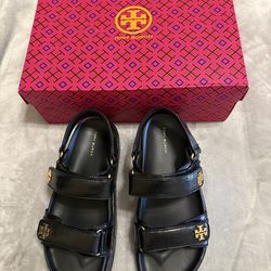 Tory Burch Black Leather Sandals With Gold Accents Size 8.5