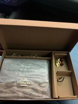 Coach brown mini purse/wallet with cherry and coach keychains