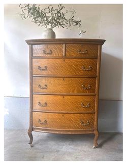 Vintage Oak Bow-Front Highboy Dresser