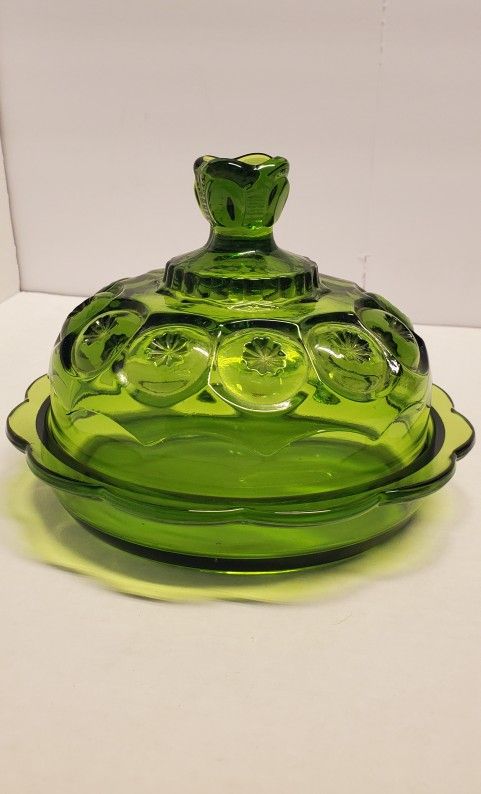 Vintage LE Smith Moon & Stars Green Butter Dish - Uncommon MCM Piece - NEAR MINT