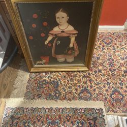 Beautiful Primitive Gold Framed Folk Art Girl Cat Painting Wall Art