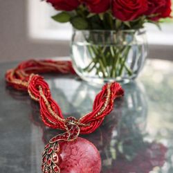 Elegant Red Multi-Strand Necklace With Large Stone Pendant – Women’s Fashion Jewelry