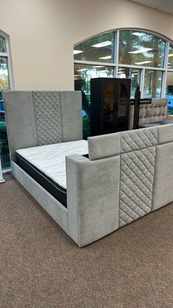 Gray Upholstered King Bed Frame with Tall Headboard-shop now pay later $39 down