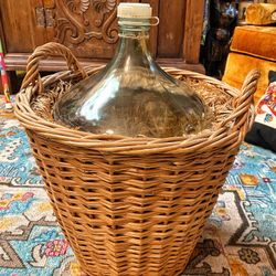 Vintage Demijohn Bottle In Original Basket