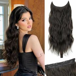 Halo Hair Extensions with Invisible Wire 20 Inch Dark Brown Hair Extensions with 4 Secure Clips Wavy Synthetic Hair extensions for Women Daily Part Us