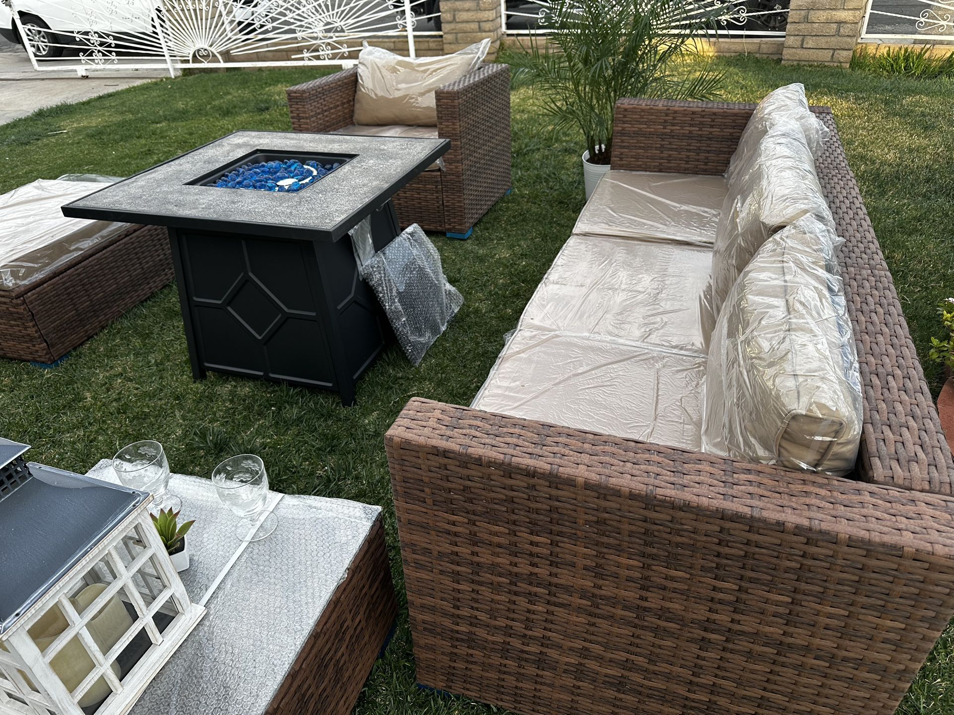 brand new patio set with fire pit propane