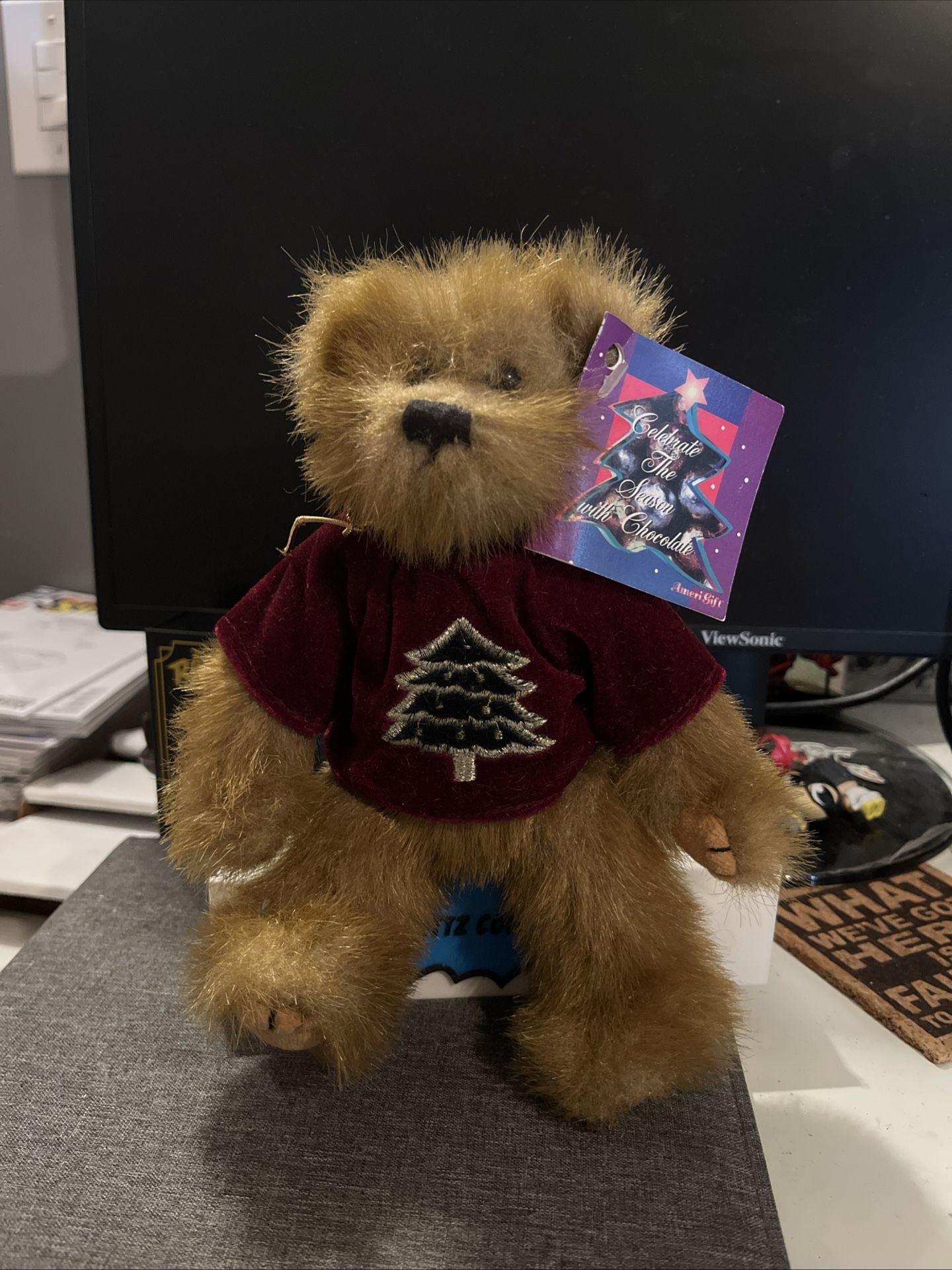 PBC International Tan Teddy Bear Plush Stuffed Animal Toy Burgundy Velvet shirt