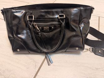 Madden NYC satchel handbag featuring a shiny finish and silver hardware accents.