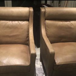 2 Brown Leather Upholstered Armchairs 