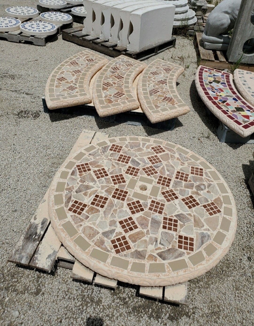 Concrete Mosaic Picnic Table with 3 Benches/ Outdoor Patio Furniture