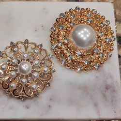 Set of 2 Gold-Toned Faux Pearl and Rhinestone Brooches