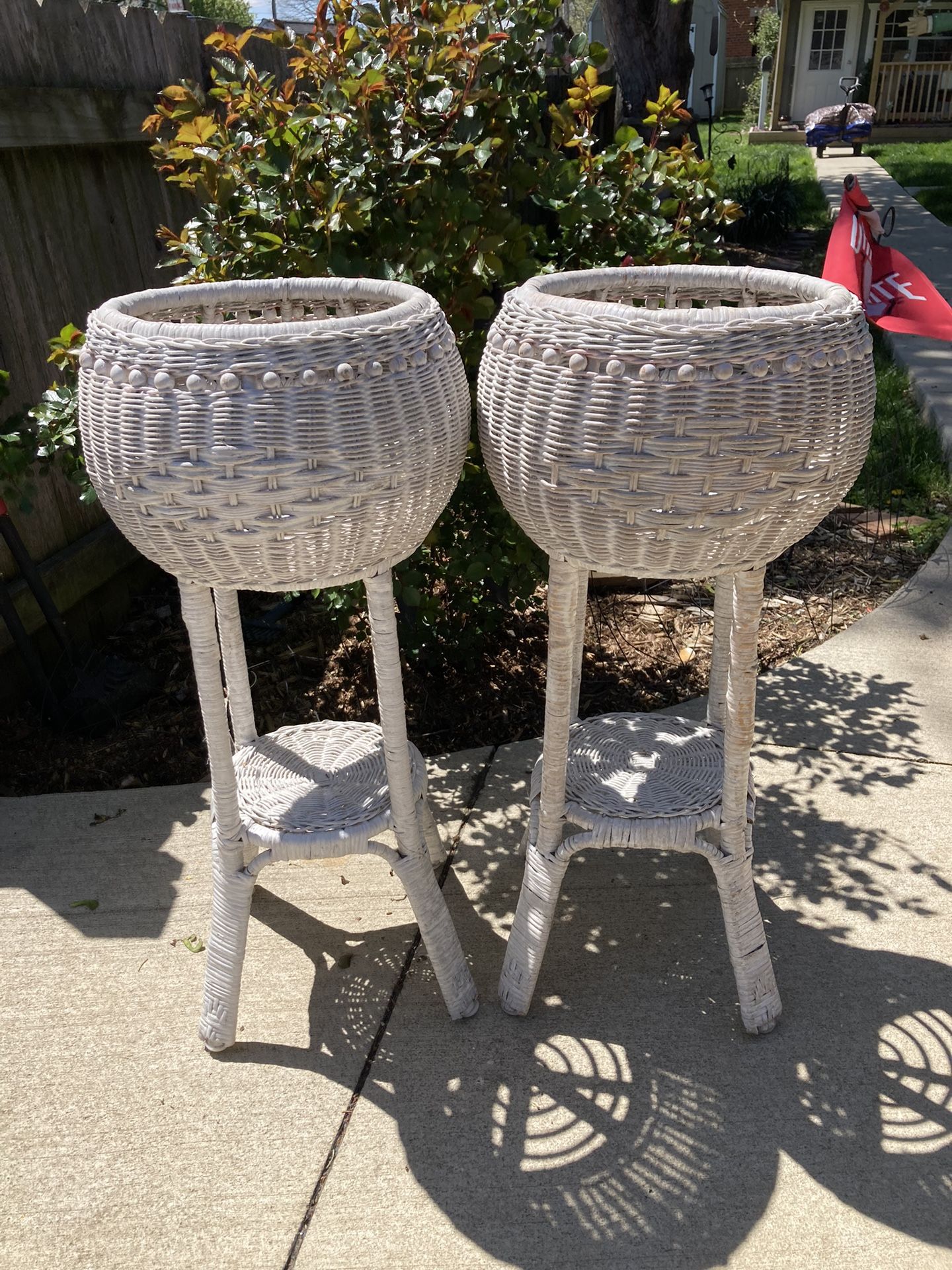 Set of Two, Vintage 1960’s Wicker Plant Stand, White Wicker Fern Stand, Cottage Farmhouse Decor-READ