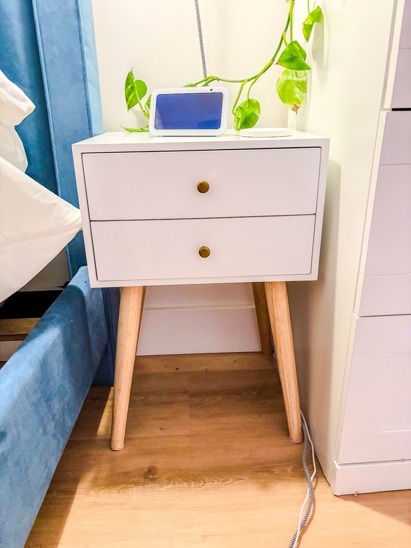 White Nightstand with 2 Drawers- Mid Century Modern