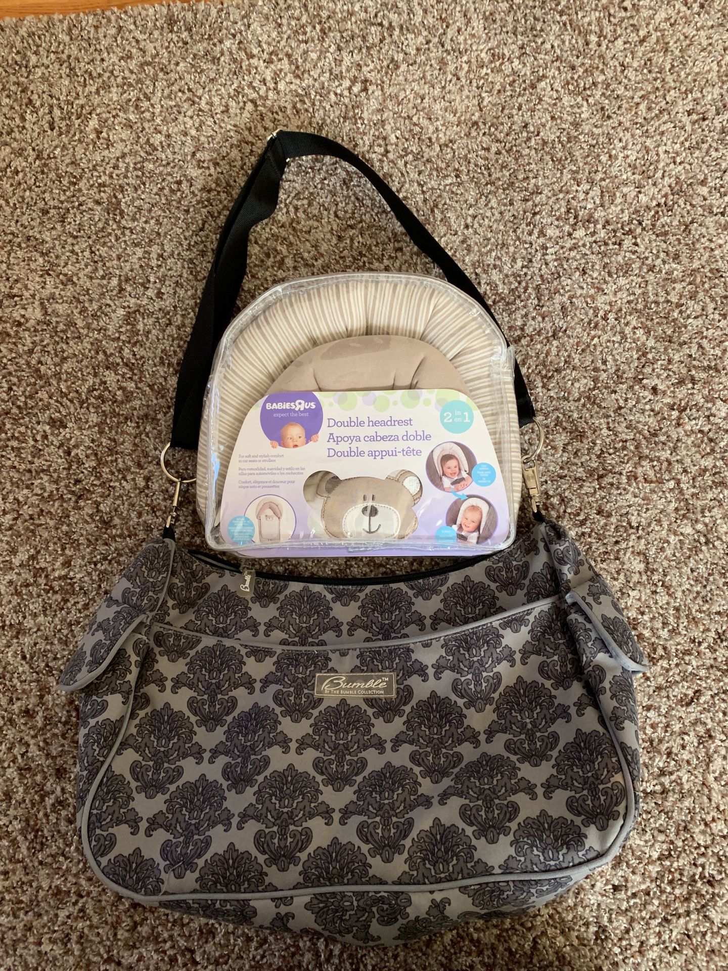 New double baby headrest and used bumble diaper bag