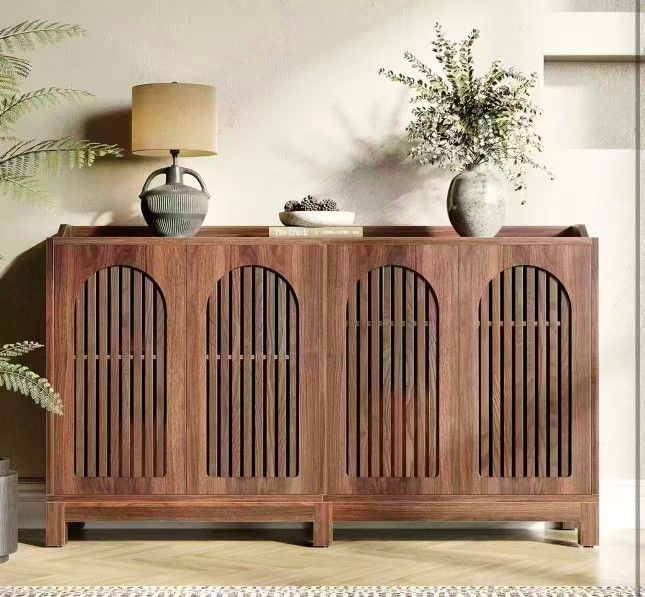 JW0983 57-Inch Sideboard Cabinet with Adjustable Shelf, Vintage Brown Wooden Buffet with Fence Doors, 2-Tier Large Accent Table for Living Room, Kitch