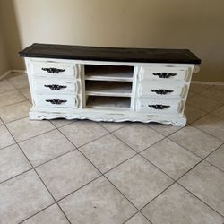 Farmhouse Media Console / TV Stand – Distressed White w/ Dark Wood Top