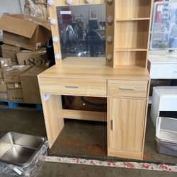 Natural Makeup Vanity Desk Wood Dressing Table With Mirrors, Drawers, Cabinets, Shelves, 3-Color LED Lighted