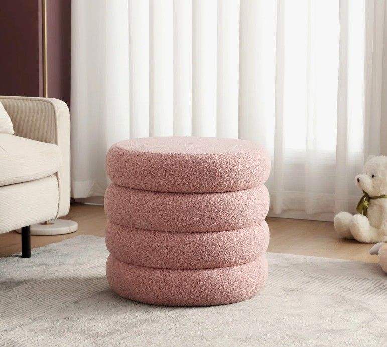 Round Boucle Storage Ottoman