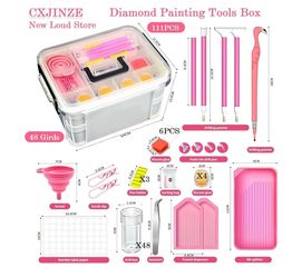 CXJINZE Diamond Painting Tools Accessories Storage-Kit - 111Pcs 5D Set Portable Tool Box with Handle Craft Jewelry Bead Storage Pink Box Art Trays for