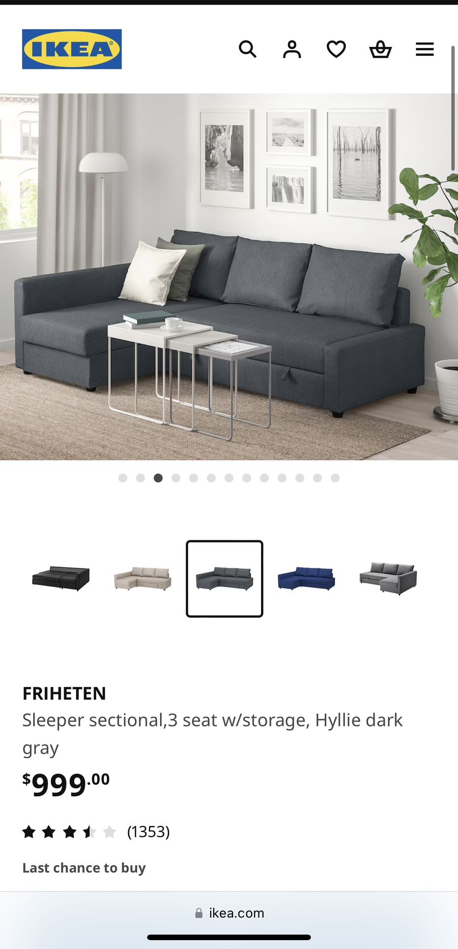 FRIHETEN Sleeper sectional,3 seat w/storage, Hyllie dark gray