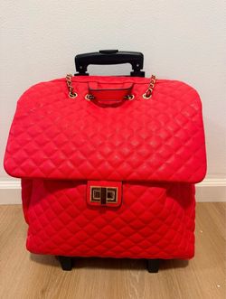 Red Quilted Rolling Tote Bag with Wheels & Extendable Handle