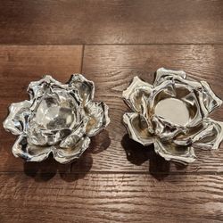 Silver Flower Metal Candle Holder, Set of 2, 5 inch Wide 