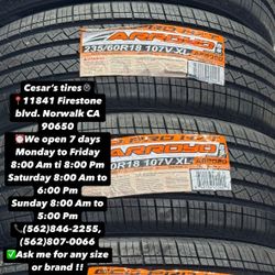235/60R18 ARROYO A SET OF FOUR NEW TIRES, INCLUDES MOUNTING AND BALANCING WITH WARRANTY, ASK  ME FOR ANY SIZE OR BRAND, WE HAVE THE BEST PRICES!!