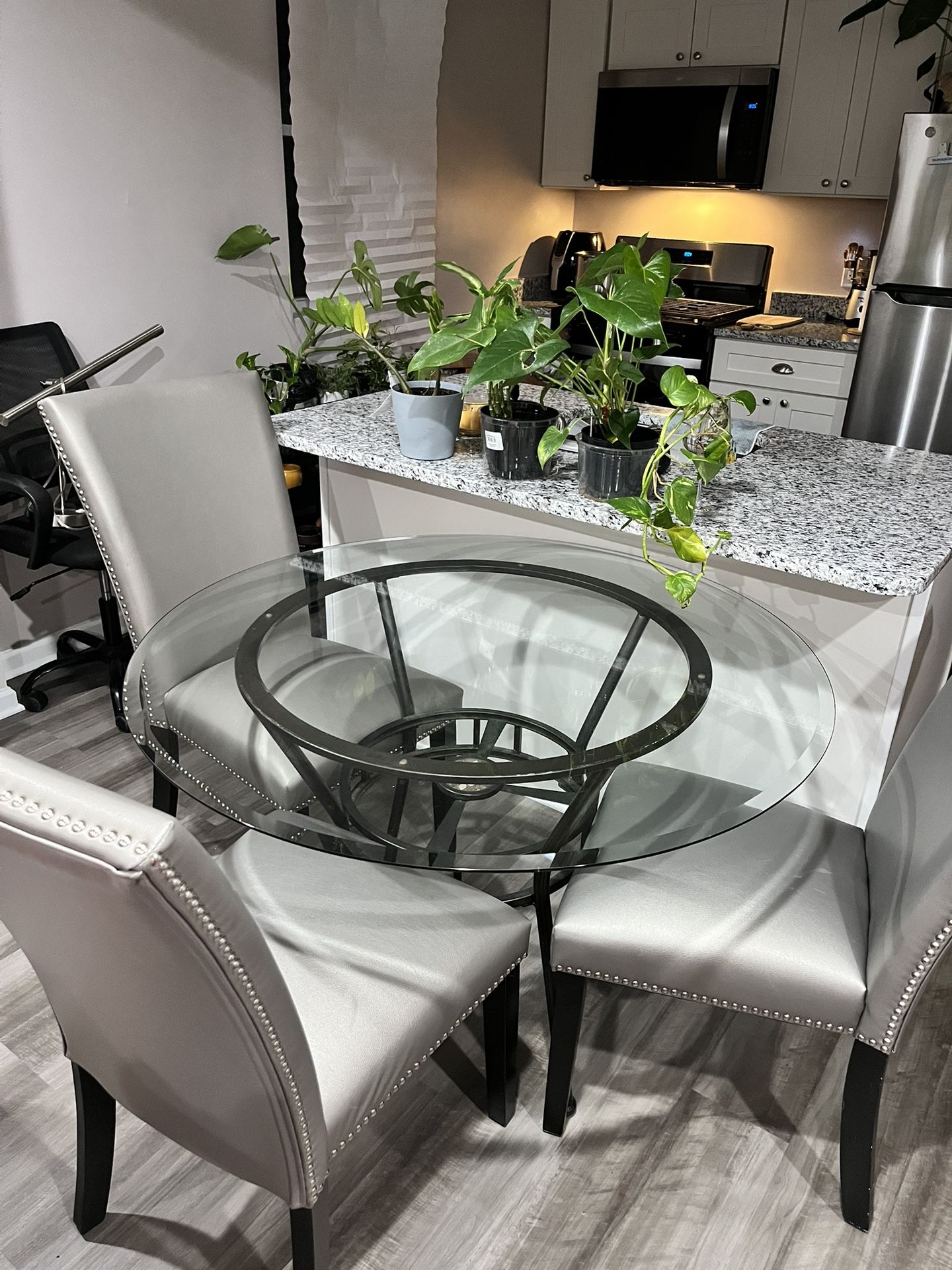 Modern Glass Dining Table + 3 Grey Chairs (Set or Separate)