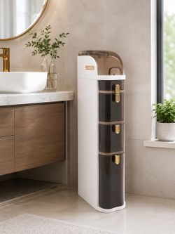 Slim Bathroom Storage Cabinet with 3 Drawers – White Organizer Tower with Smoky Transparent Doors & Gold Handles